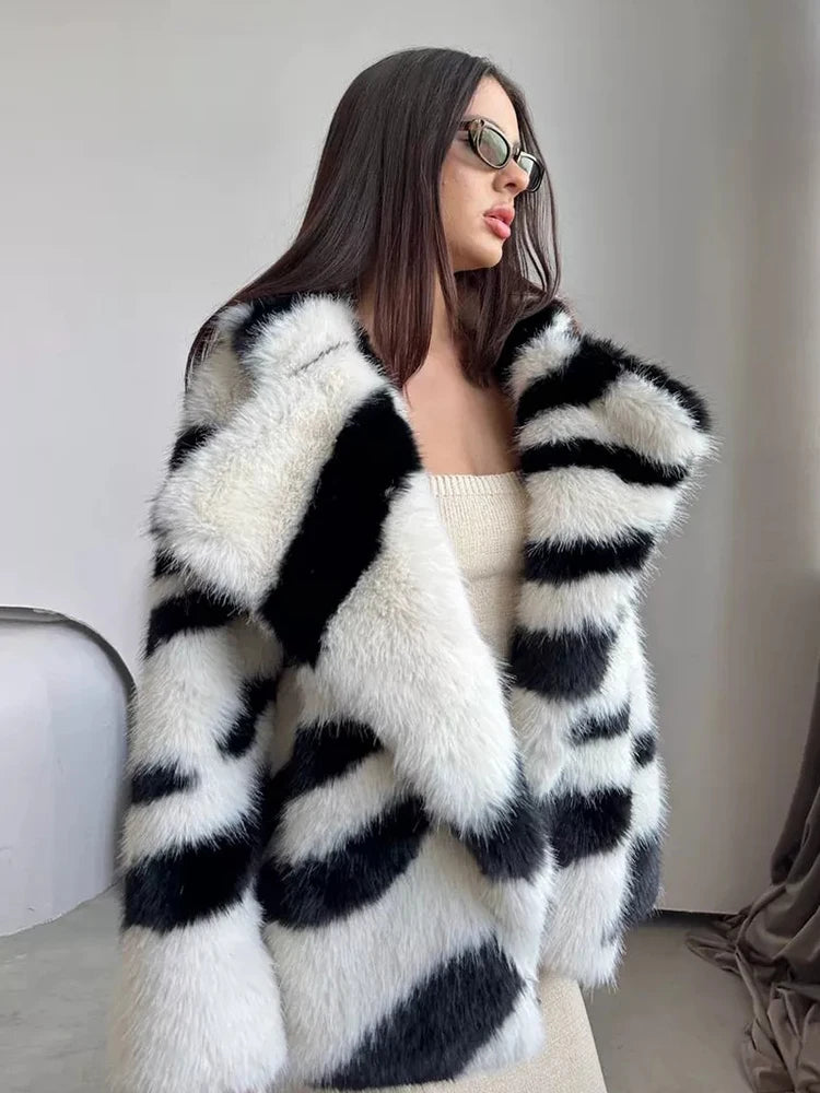 Large Lapel Pocket Zebra Print Thicken Fur Cardigan