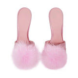 Baby Pink Satin Fur Mules Rhinestones Stiletto Slip On Sandals 