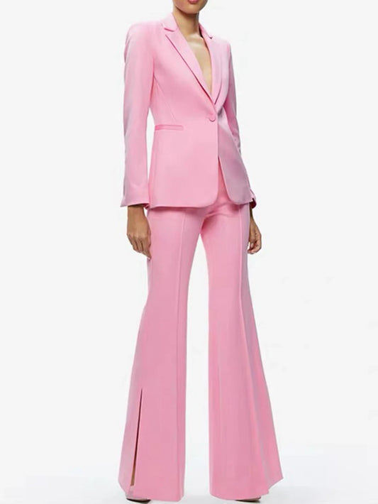 Pink single button blazer with split flare pants