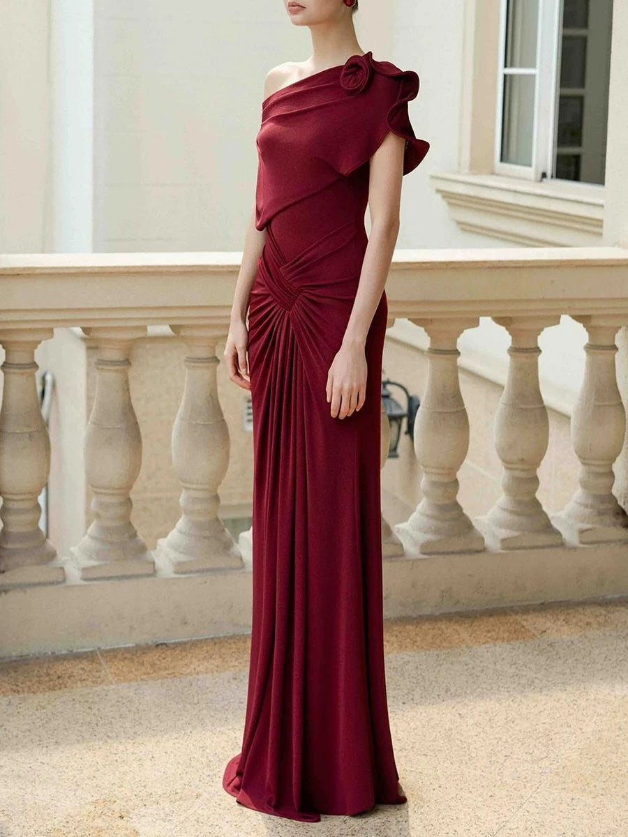 Back view of one shoulder drape maxi dress