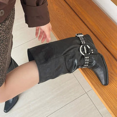 Ruffled Pointed Toe Buckle Detail Boots