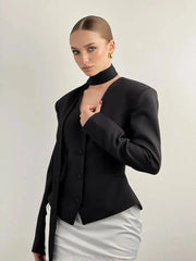 Padded Shoulder V-Neck Blazer With Scarf