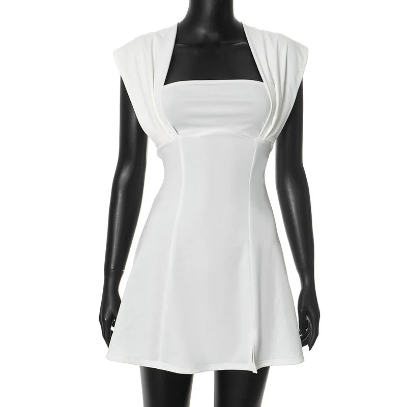 White Solid V Neck Open Shoulder Sleeveless Mini Dress