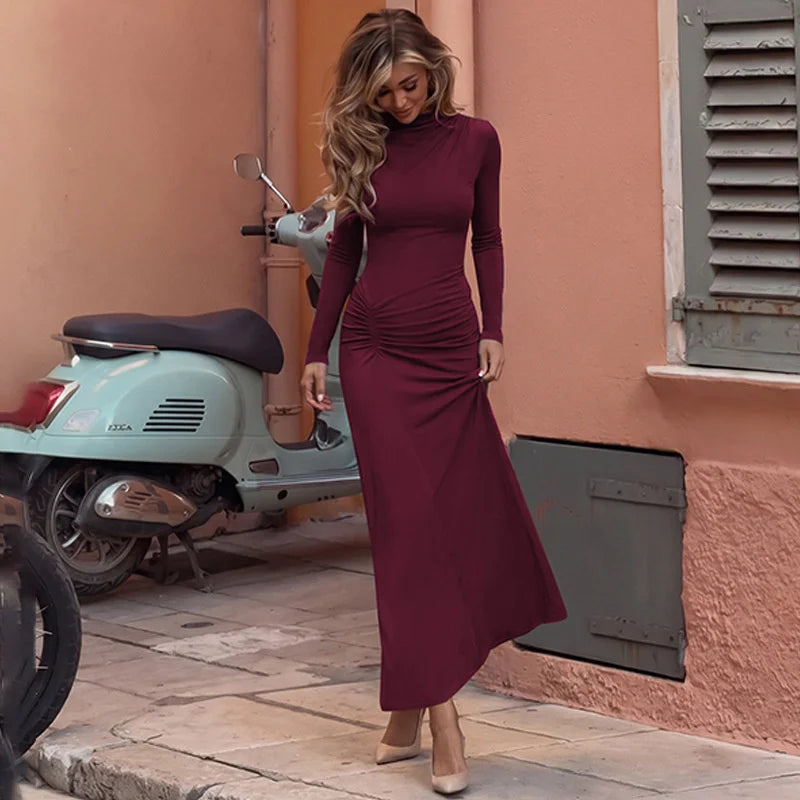 Turtleneck long sleeve maxi dress with ruched waist