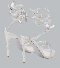 Crystal Embellished Butterfly Details White Party Shoes