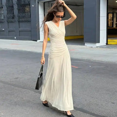 White Cross Neck Draped Maxi Dress