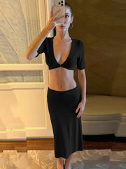 Blue Deep V-Neck Bralette Top and Midi Skirt Set