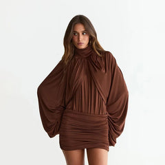 Brown Ruched Turtleneck Long Sleeve Dress