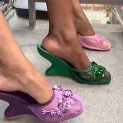 Embellished Mesh Wedge Mule Shoes