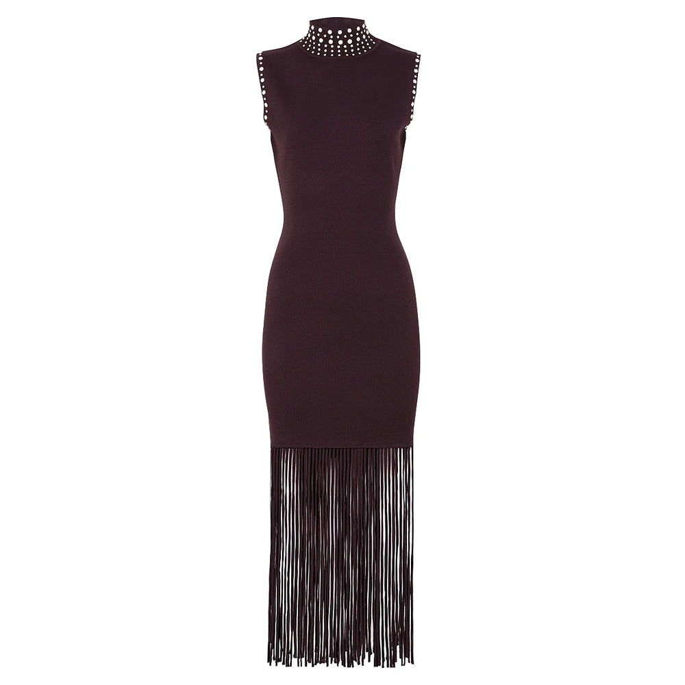 Burgundy knitted midi dress with studded collar and fringe hem