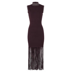 Burgundy knitted midi dress with studded collar and fringe hem