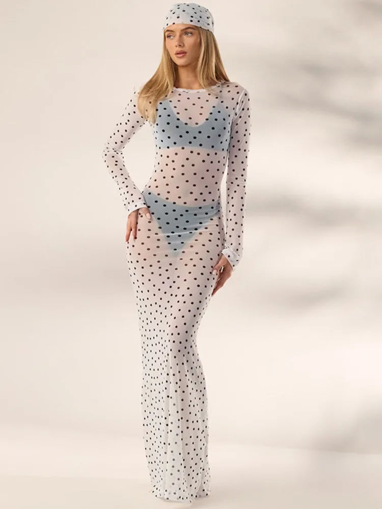 Sheer polka dot mesh maxi dress with long sleeves