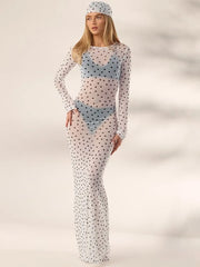 Sheer polka dot mesh maxi dress with long sleeves