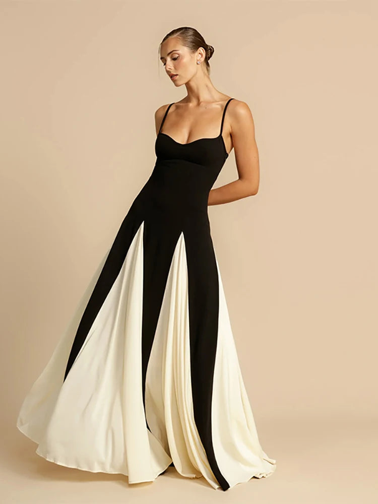 Patchwork Black Spaghetti Strap Evening Long Dress