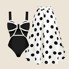 Bow Detail Polka Dot Tankini Swimsuit with Skirt