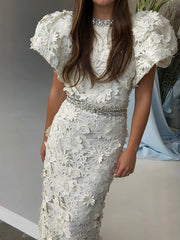 White Embroidered Flare Top And Midi Skirt with Crystal Embellishment Set