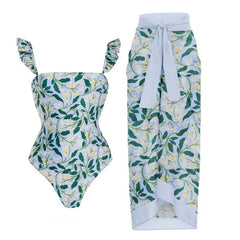Tie-Strap V-Neck One-Piece Swimsuit with Matching Sarong Set