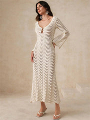 Knit hollow-out loose patchwork lace-up summer dress for women