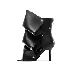 Peep Toe Pleated Snap Button Stiletto Heel Boots