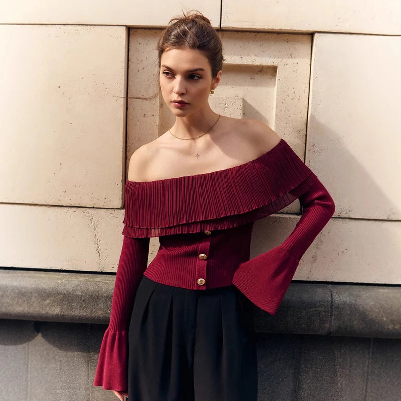 Red Color Buttons Off-Shoulder Knitted Long Flare Sleeved Top