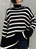 Women’s Long Sleeves Turtleneck Striped Loose Pullover