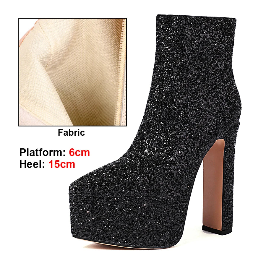 Black glitter platform boot with high heel on a white background