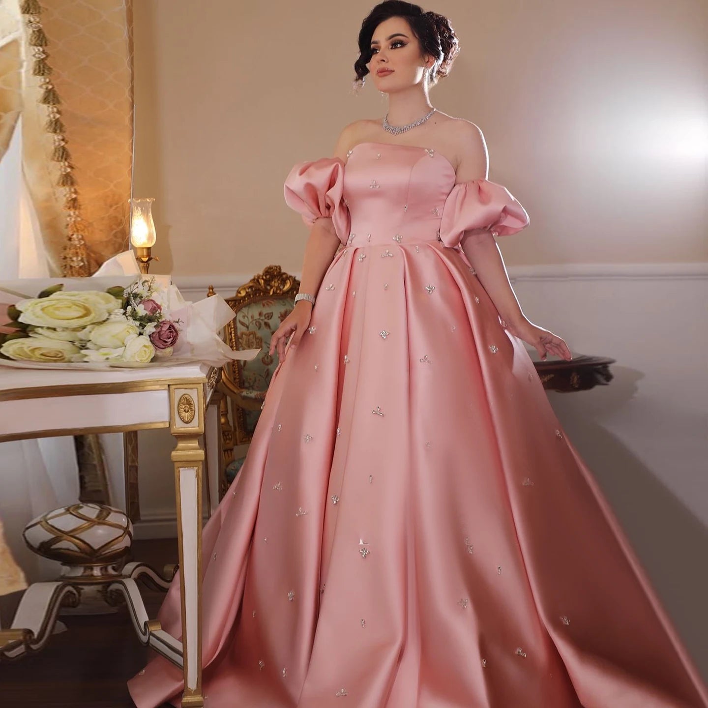 Blush Pink Satin Dubai Evening Dresses with Cap Sleeves Crystal Wedding Party Gowns  Golden Atelier 1