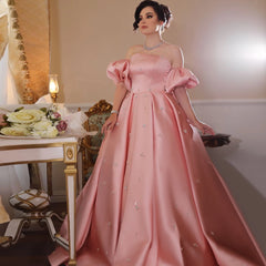 Blush Pink Satin Dubai Evening Dresses with Cap Sleeves Crystal Wedding Party Gowns  Golden Atelier 1