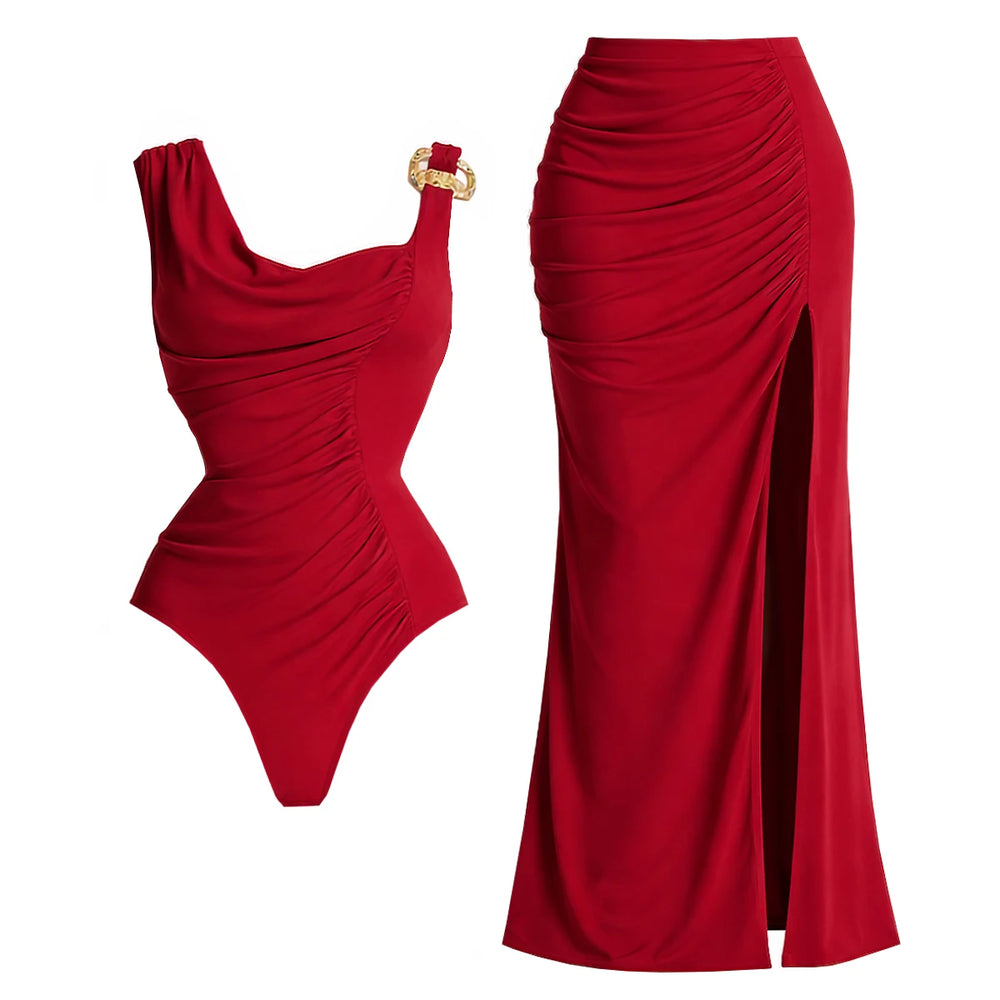 Red ruched one-shoulder bodysuit and high-slit maxi skirt set