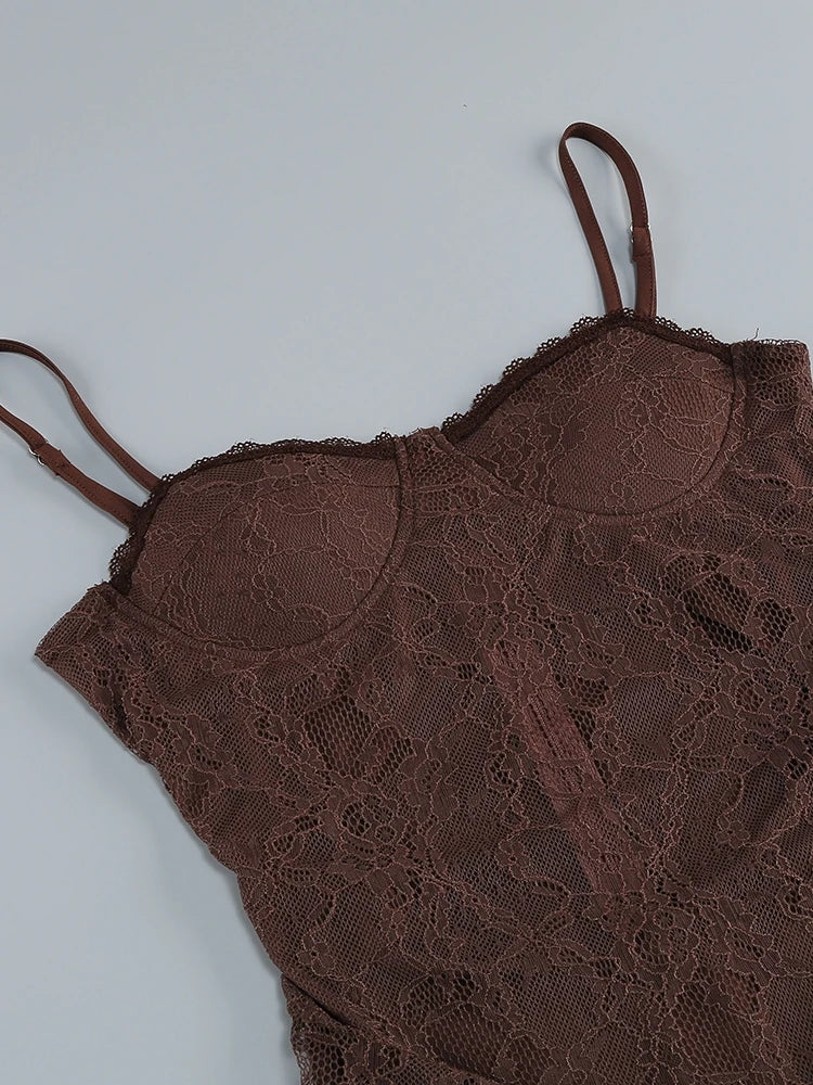 Brown lace lingerie set on a light gray background