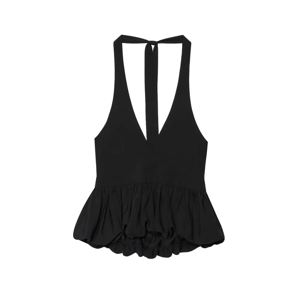 Black swimsuit with ruffled bottom on a white background