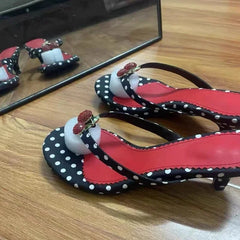 Polka Dot Cherry Embellished Kitten Heel Flip Flops