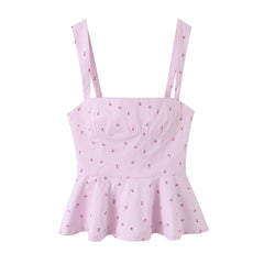 Pink striped floral peplum camisole top front view