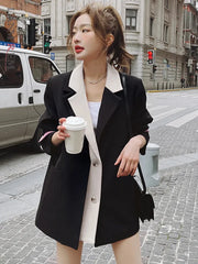 Contrast Notched Collar Patchwork Black Blazer