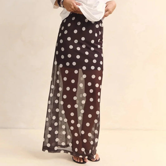 Polka dot mesh maxi skirt in brown with white dots