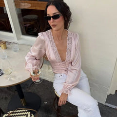 Pink Lace V Neck Long Sleeve Crop Top