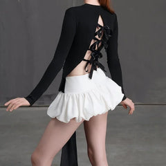 Bow Backless Bandage Lace Up Shirt Folds Mini Skirt Suit