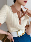 Women's Knitted Fabric POLO Collar Solid T-shirts
