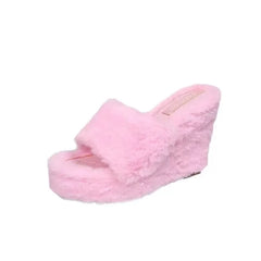 Plush Fur Platform Wedge Slippers