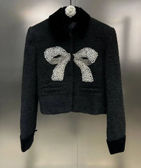 Velvet Lapel Long Sleeved Diamond Studded Bow Tweed Jacket