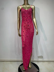 Rhinestone Mesh Embellished Spaghetti Strap Maxi Dress