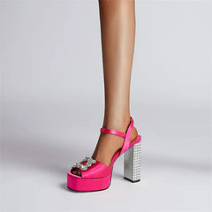 Satin Platform Crystal Embellishment Block Heels