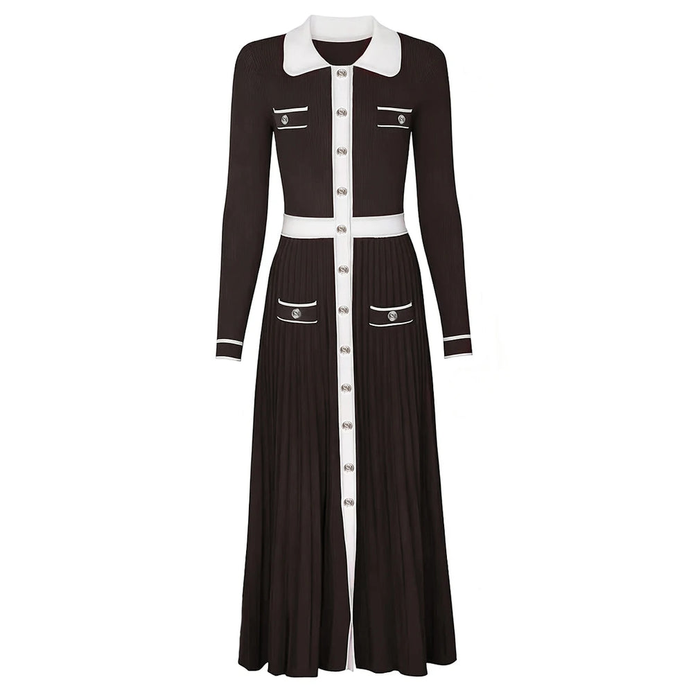 Coffee collared colorblock pleated knit midi dress