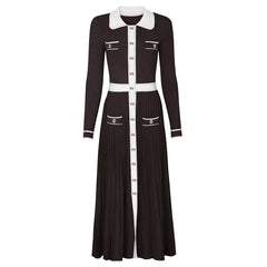 Coffee collared colorblock pleated knit midi dress