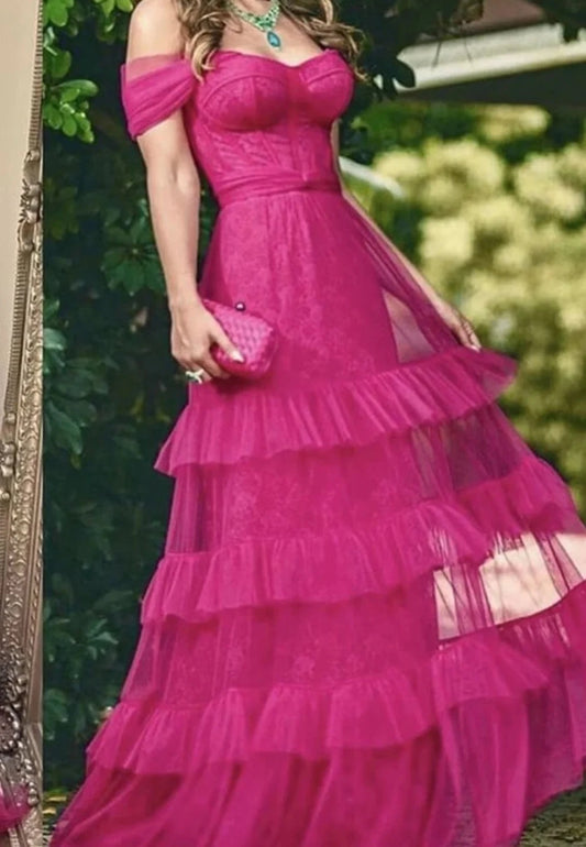 Fuchsia Tulle Gown A-line Multilayer Open Shoulder Prom Dress