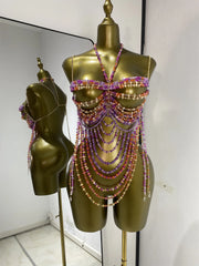 Beaded body jewelry swimwear set with purple, pink, and orange beads cascading down.