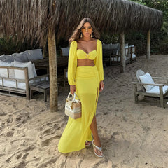 Yellow puff sleeve crop top with high slit maxi skirt swimwear set