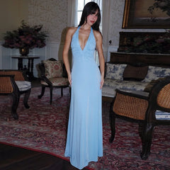 V-Neck Ruched Halter Neck Sleeveless Maxi Dress