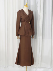 Brown Peplum Blazer and Mermaid Skirt Set