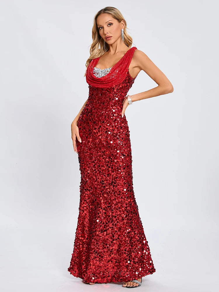 Woman wearing a red sequin evening gown 